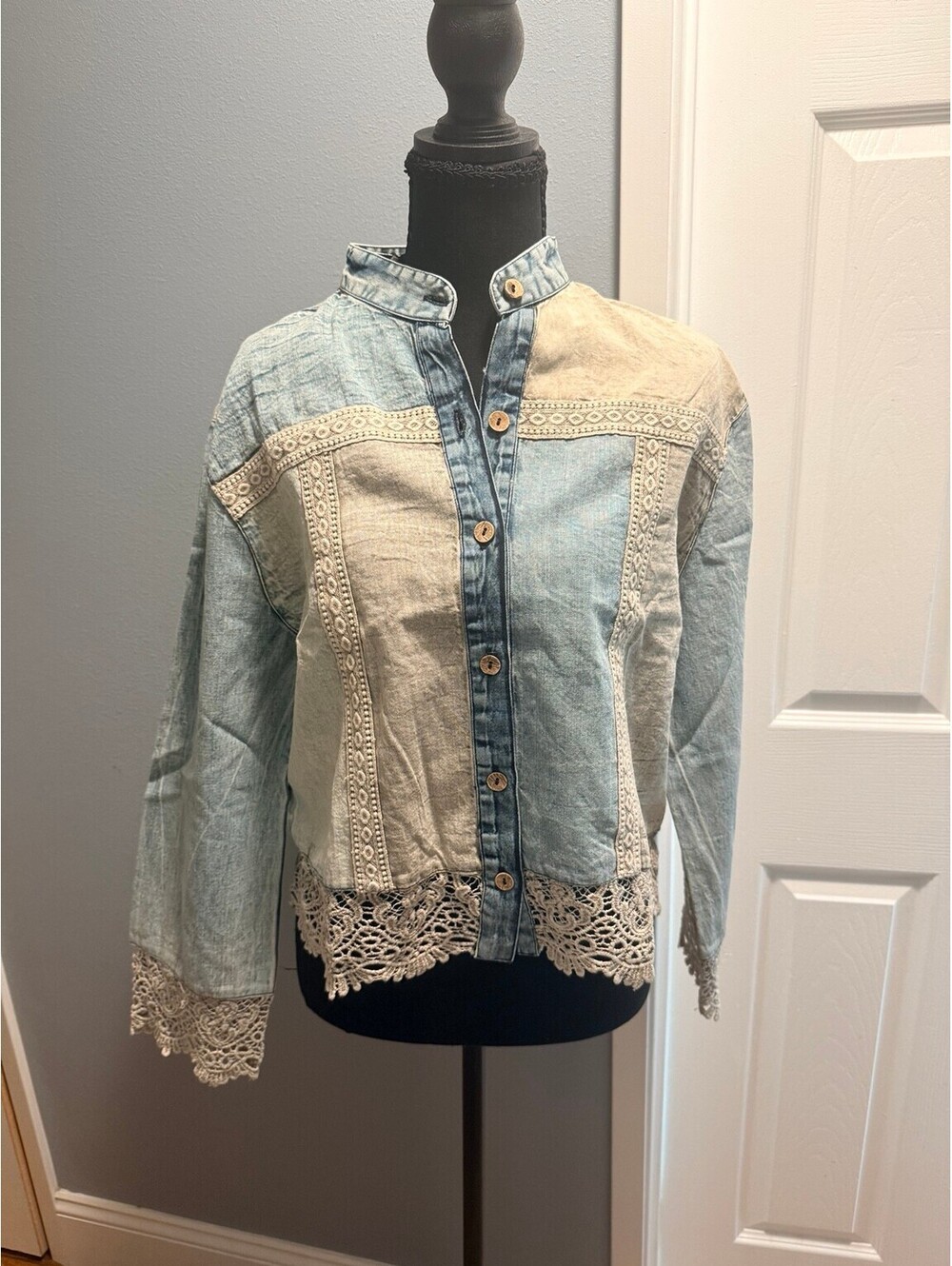 YOUNG THREADS Denim & Lace Sandstone Patchwork Jacket NWT XL